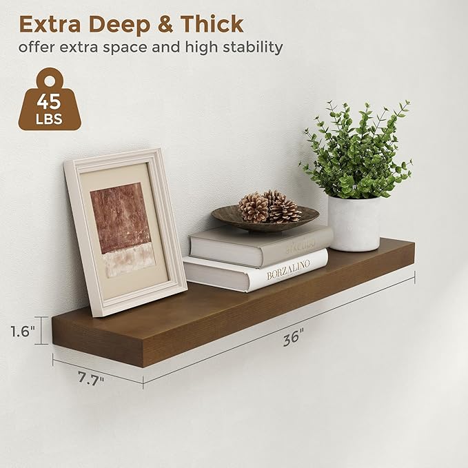 Marsmiles 36 Inch Wood Floating Shelves | Rustic Dark Wood Wall Shelves Set of 2 | 36" W x 7.7" D x 1.6" H Wooden Shelves for