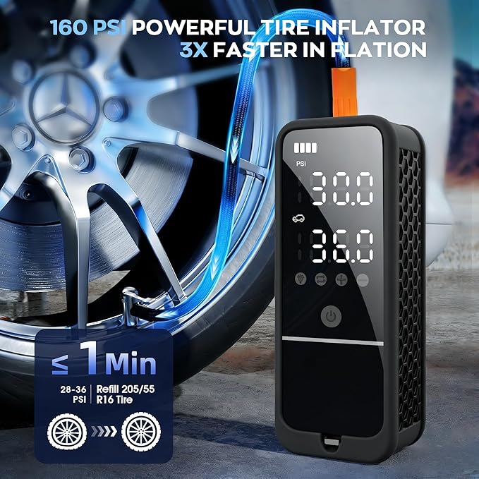 Tire Inflator Portable Air Compressor, 6000mAh Air Pump for Car Tires 160 PSI Portable Air Pump with Tire Gauge Pressure & LED Light & Auto Shut-Off Cordless Bike Pump for Car, Motor, Bike, Ball