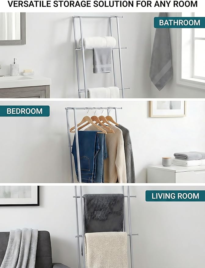 Metal Leaning Ladder Towel Rack, 4-Tier Blanket Stand for Bathroom Living Room, No Drilling Quilt Storage Organizer(Silver)
