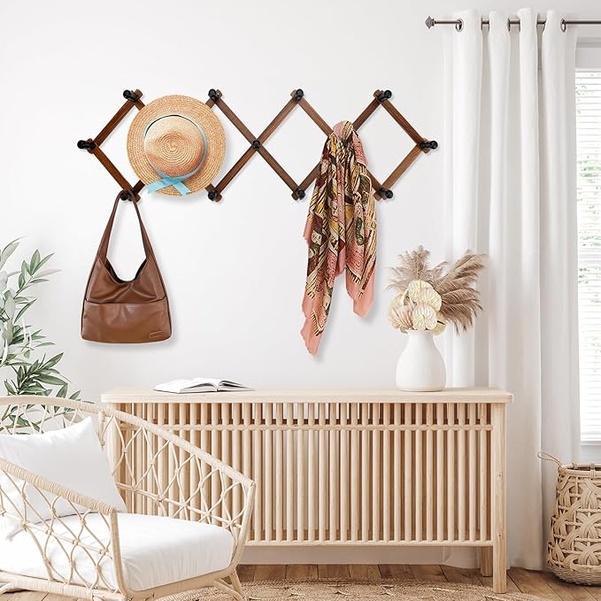 Accordion Wall Hanger, Wood Expandable Wall Mounted Hanger with 13 Hooks for Coats,Hats,Coffee Mug Ect,1 Pack Included,13 Peg