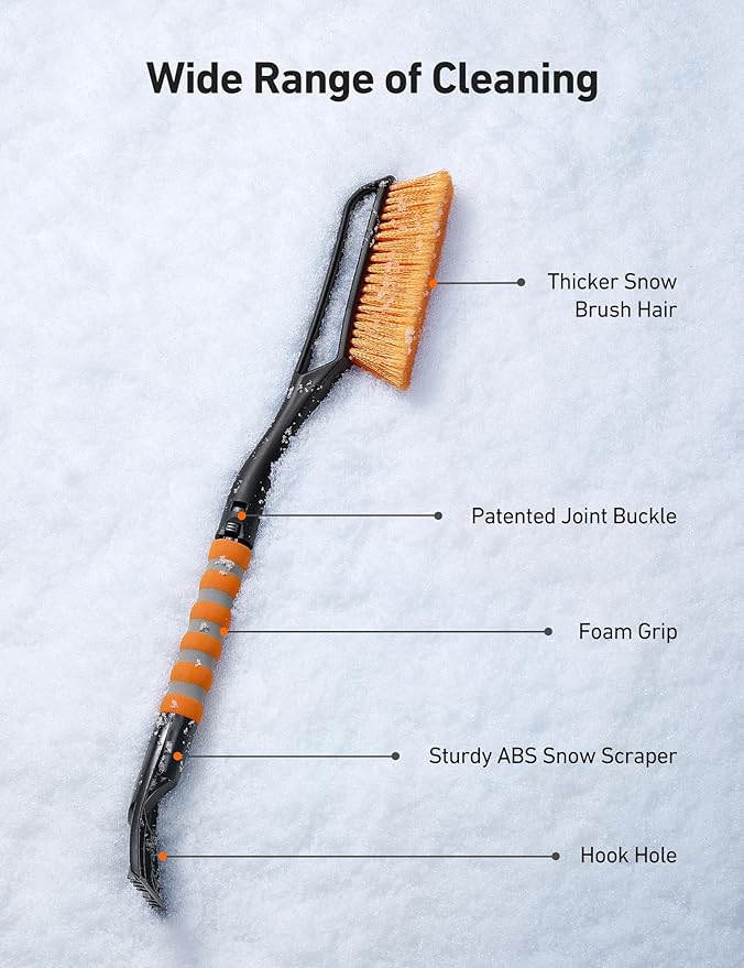 AstroAI 27" Snow Brush and Ice Scrapers for Car Windshield, Detachable Snow Scrapers with Ergonomic Foam Grip for Cars, Trucks, SUVs (Heavy Duty ABS, PVC Brush, Orange) (Pack of 2)
