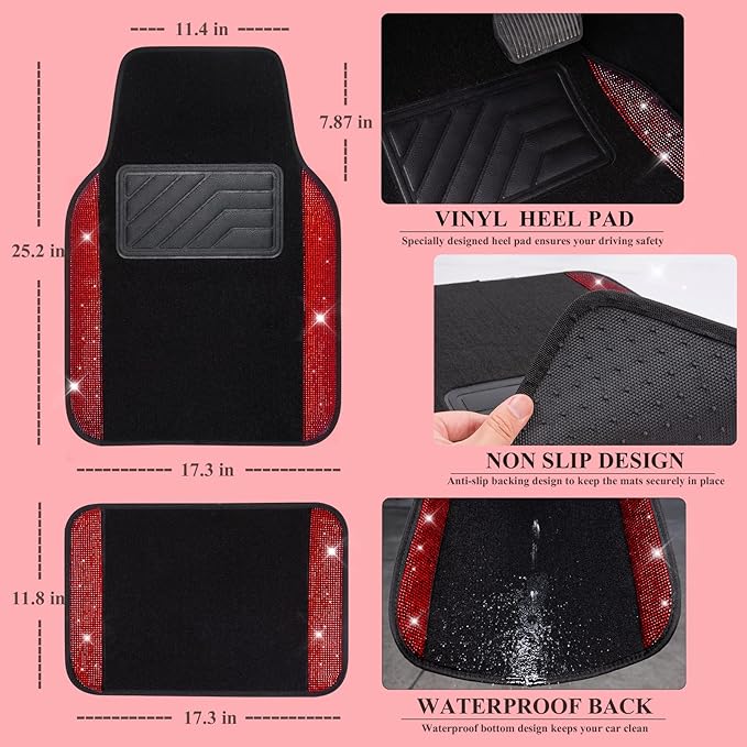 CAR PASS Rhinestone Red Bling Diamond Car Seat Covers Leather Black & Shining Car Floor mats Carpet with Anti-Slip Nibs& Blin