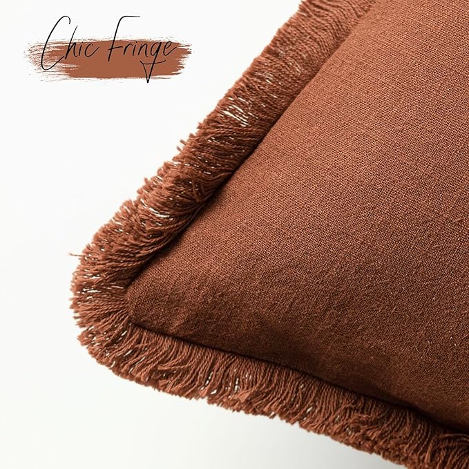 Foindtower Set of 2 Decorative Linen Fringe Lumbar Throw Pillow Covers Farmhouse Cushion Cover with Tassels Accent Pillowcase