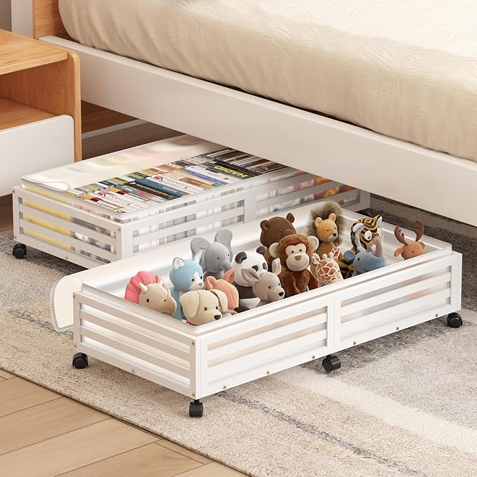 Under Bed Storage with Wheels-Large Bamboo Underbed storage Containers with Large Dust Bag Stackable Under the Bed Shoe Stora