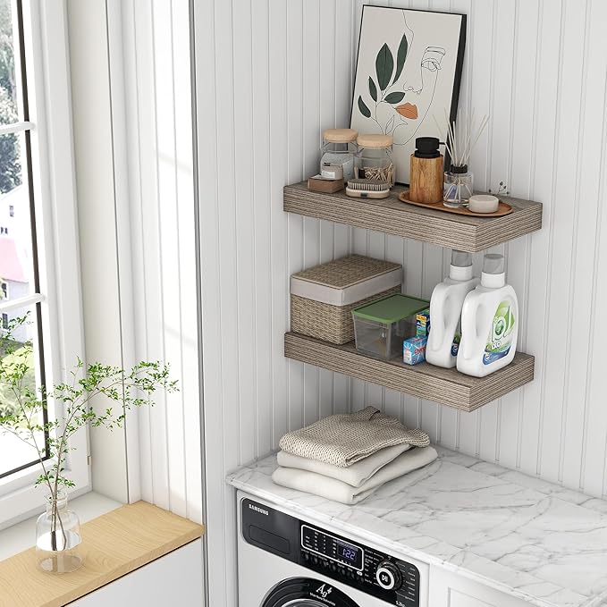 Deep Floating Shelves | 24 Inch Grey Floating Shelves Set of 2 | 12 Inch Deep Rustic Wood Shelves for Wall | 24" W x 12" D Gr