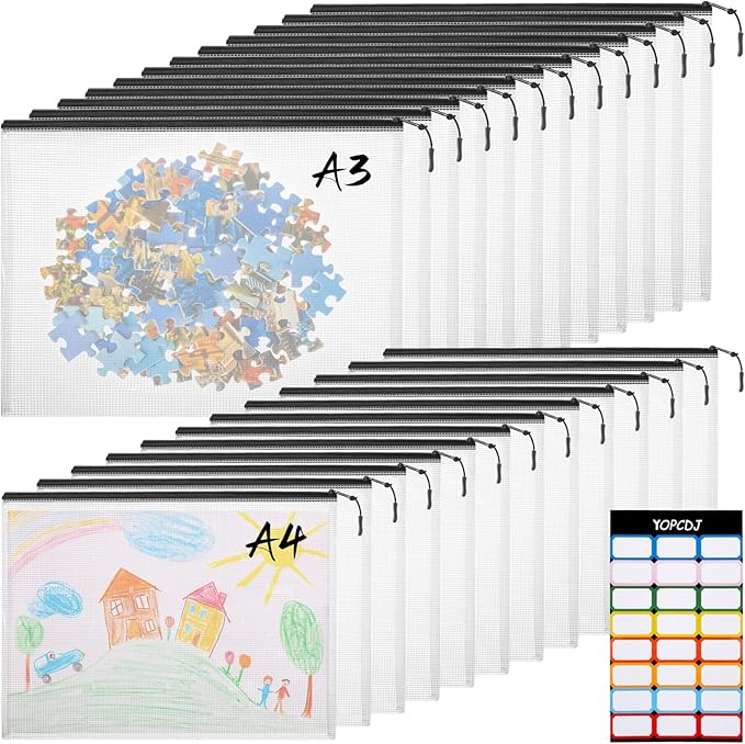 24pcs A4 Mesh Zipper Pouch File Bags, 12pcs Large A3 and 12pcs Letter A4,Black Reusable Zipper Bags for Organizing Storage, W