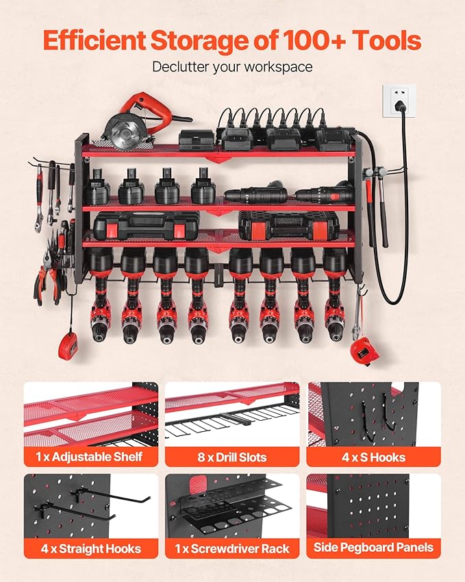 VEVOR Power Tool Organizer with Charging Station, 4-Layer Drill Storage Rack with 8 Drill Holders & Side Pegboard, Garage Too