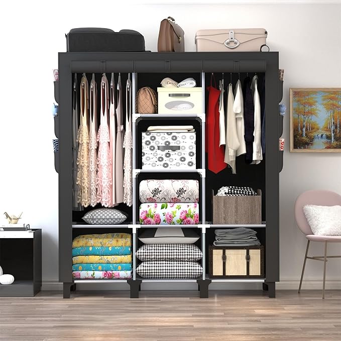 Portable Wardrobe with 10 Storage Racks and 2 Hanging Poles 6 Side Pockets Fleece Cover, Size 130 x 45 x 172 cm, Bedroom Clos