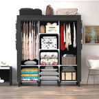 Portable Wardrobe with 10 Storage Racks and 2 Hanging Poles 6 Side Pockets Fleece Cover, Size 130 x 45 x 172 cm, Bedroom Clos