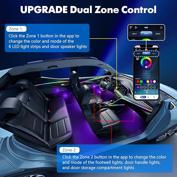 2026 Upgraded Interior Car LED Strip Lights, Acrylic LED Lights for Car Dynamic Dreamcolor Chasing, Dual-Zone Control,Ambient Lighting Kits Music Sync Dreamcolor 10 in 1 with Self-Developed APP