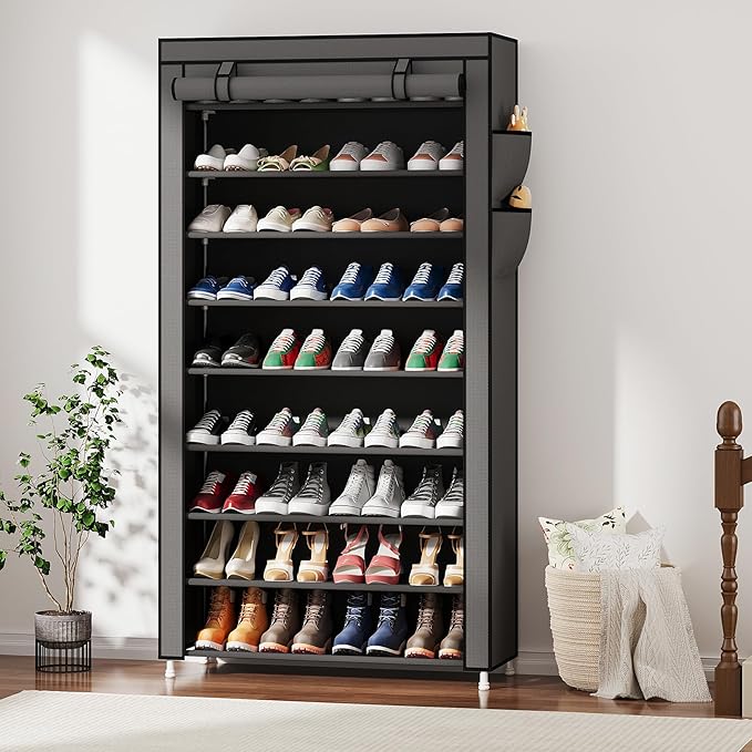 Laiensia 9-Tier Vertical Shoe Rack Organizer, Space Saving Shoe Storage Organizer, Non-Woven Cover Shoe Shelf Holds 36-45Pair