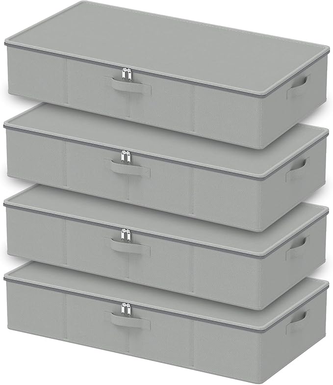 Under Bed Storage Bins, Closet Containers Organizers, Foldable Basket with Zippered, for Blankets, Clothes, Comforters, 4 Pac