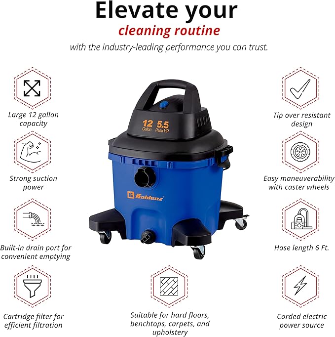 Koblenz Wet-Dry Vacuum, 12 Gallon Tank, 5.5 HP Vacuum Cleaner with 2-1/2" in x 7' Locking Hose, with a Blower Function, Blue/