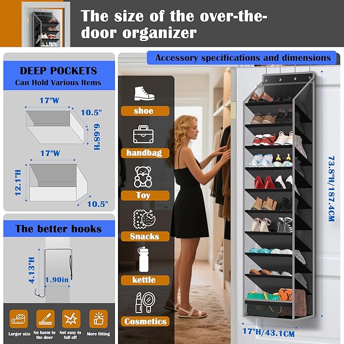 10 - Pocket Over - the - Door Hanging Shoe Organizers & Rack, Made of Sturdy 600D Oxford + Non - Woven Fabric, Space - Saving