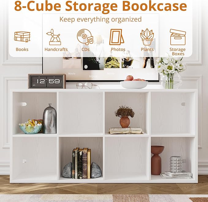 IROCNK Bookshelf, 8-Cube Storage Cube Shelf Organizer, Extra Thick Frame Horizontally & Vertically Reversible Bookcase with O