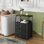 Furnulem Black Night Stand, Small Dresser for Bedroom, Nightstand with 3 Fabric Storage Drawers and 2-Tier Shelf, End Table S