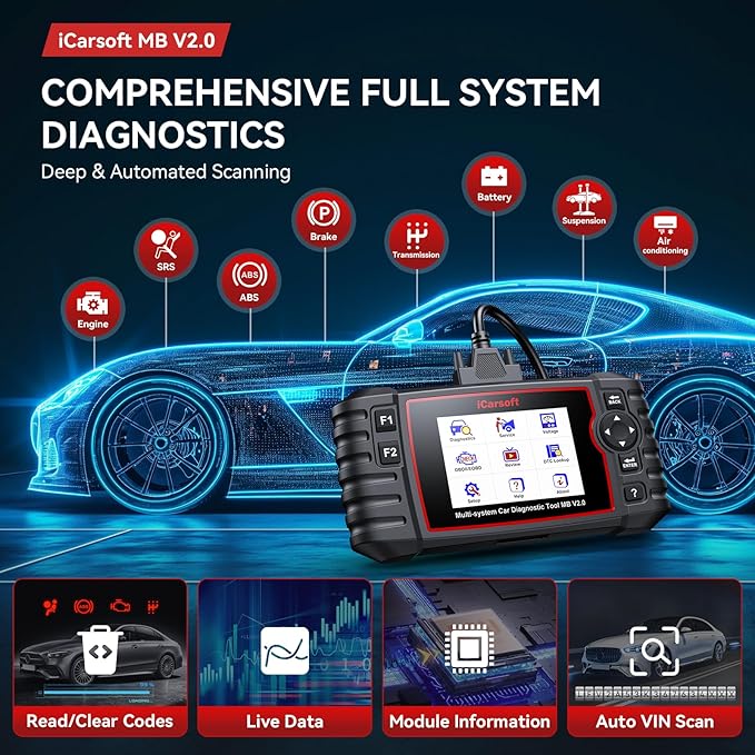 iCarsoft MB V2.0 for Mercedes Benz OBD2 Scanner, Full System Diagnostic Scan Tool, 8 Resets Auto VIN,
