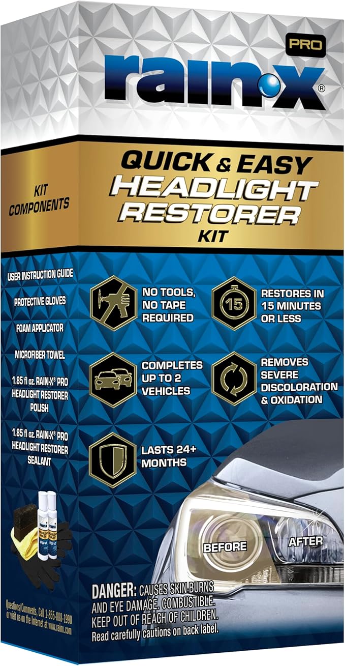 Rain-X 610200 2-Step Headlight Restorer Kit, Restores Clarity of Headlights Preventing Oxidation & Discoloration, Quick & Eff