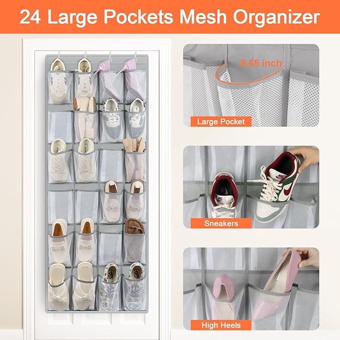 FENTEC 2 Pack Over the Door Shoe Organizer Hanging Shoe Organizer for Closet, Space Saving Mesh Large Pocket Shoe Storage and