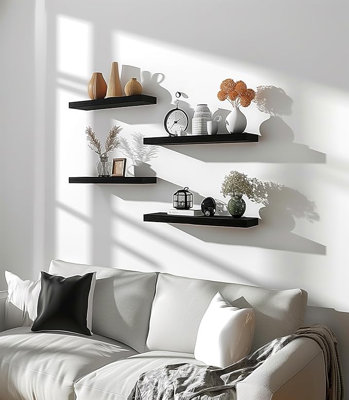 PHPH Wood Floating Shelves for Wall, Wooden Wall Shelves for Bedroom, Set of 6 Black 17 Inch