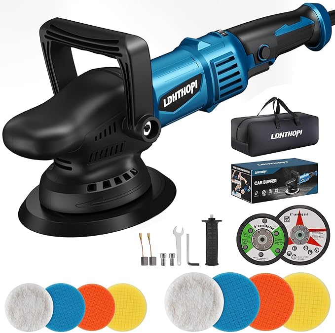LDHTHOPI Dual Action Polisher, 980W 5/6 Inch, 2026 Upgraded 9MM Random Orbital Buffer Polisher for Car Detailing, 2800-5800RMP, 6 Variable Speed Buffer Polisher with 8 Detachable Pads