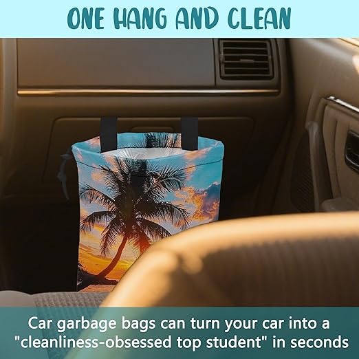 Car Garbage Bag Palm Tree Sunset at a Beach Hanging Canvas Car Trash Bag Drawstring Car Back Seat Organizer for Car Back Front Seat Console with Adjustable Buckle