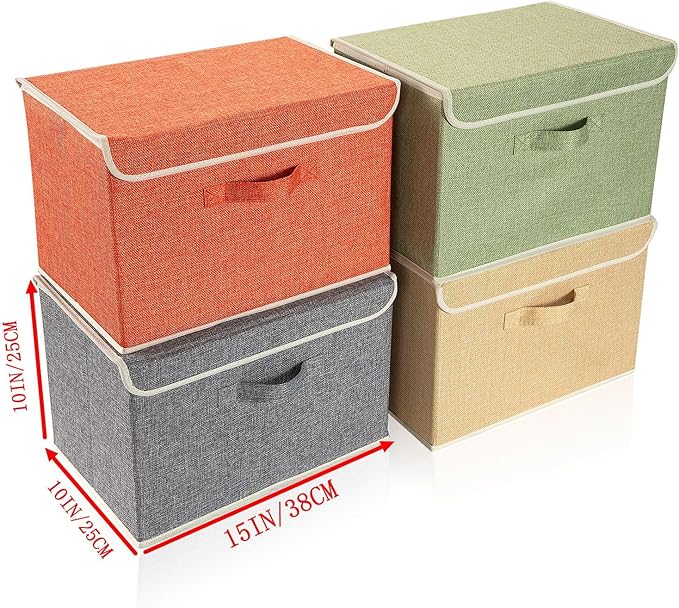 Storage Bins with Lid, Foldable Clothing Storage Box case with Handle for Books, Closet, Bedroom, Home, 4 Color Set A, 15L x 