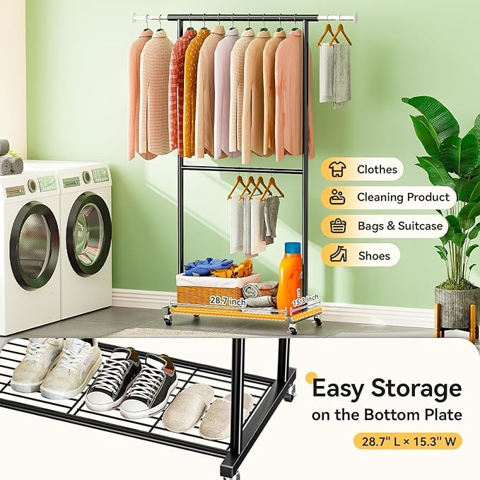 Double Clothing Rack, Clothes Rack for Hanging Clothes, Rolling Garment Rack with Adjustable Rod, Black