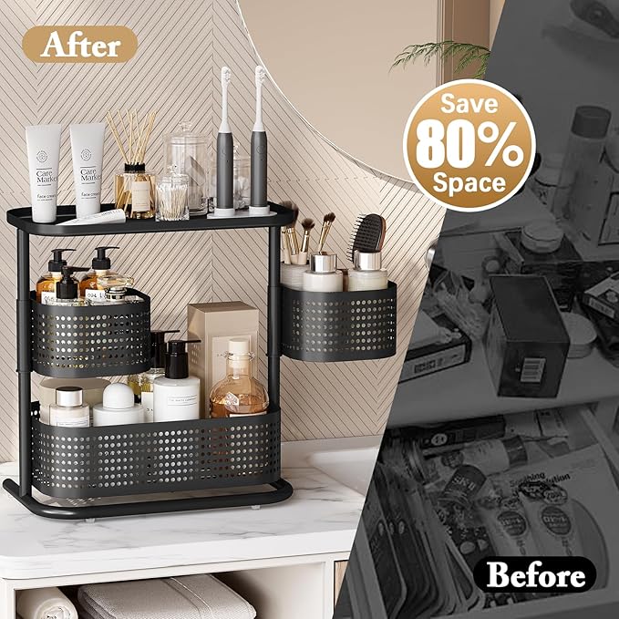 3 Tier Bathroom Counter Organizer, Rotating Countertop Vanity Storage Cabinet with Standing Shelf, Cosmetic Holder for Skinca