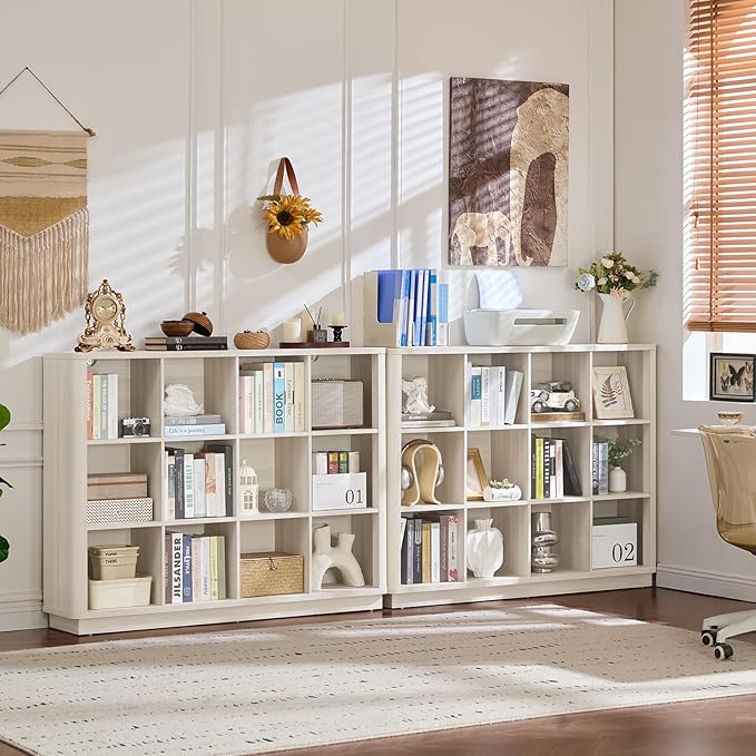 Joaxswe 12 Cube Storage Organizer, 41" Large Bookshelf with Curved Edge, Wood Floor Standing 3-Tier Cubby Bookcase w/Base, Mo