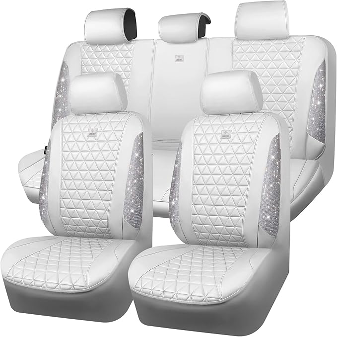 CAR PASS All White Bling Diamond Leather Car Seat Covers Full Sets,Waterproof Shining Glitter Sparkly Crystal Universal Fit f