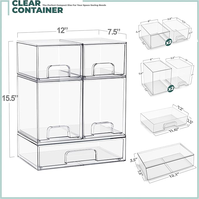 Sorbus Stackable Acrylic Storage Drawers – 2 Small + 2 Tall + 1 Wide – 5 Pack Clear Plastic Organizer Bins for Baby Bottles, 