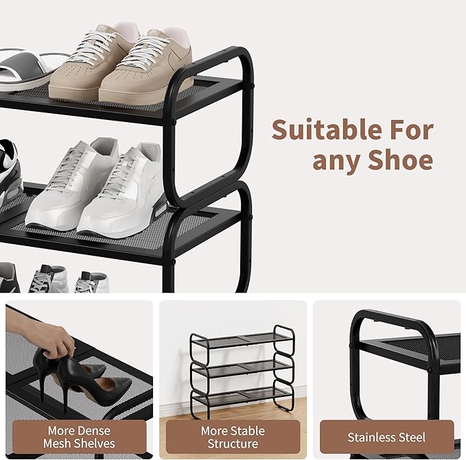 3 Tier Shoe Rack - Expandable Shoe Organizer for Closet, Adjustable Metal Shoe Shelf Storage, Stackable Long Shoe Stand Holde