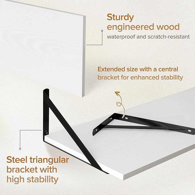 Deep Floating Shelves Wall Mounted, 48"x12" White Wall Shelves with Brackets Set of 2 for Bedroom, Living Room, Bathroom, Kit