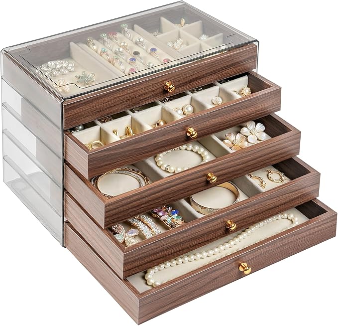 Wooden Jewelry Box for Women, 5-Layer Jewelry Organizers and Storage with 5 Drawers & Velvet Trays, Large Earring Holder, Nec