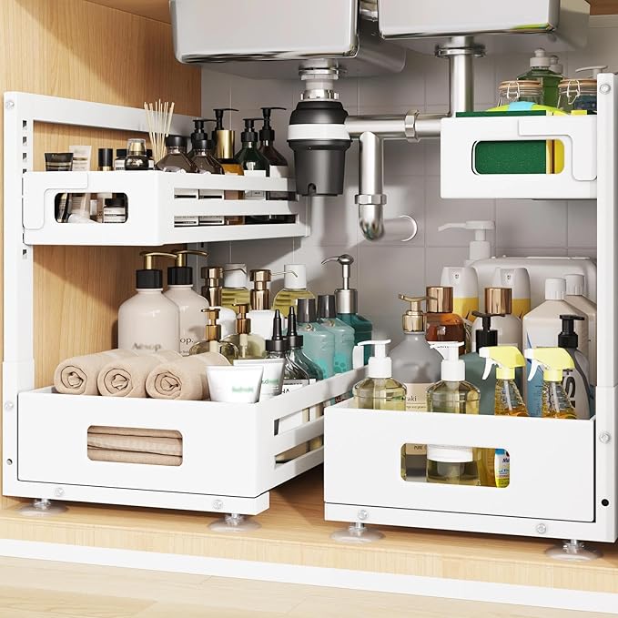 2 Pack 17IN-Depth Under Sink Organizer,Pull Out Cabinet Organizer With Smooth Cylindrical Rail,Metal Slide Out Drawer for Kit