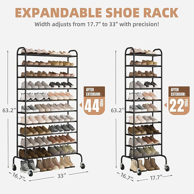 STORAGE MANIAC 10-Tier Expandable Shoe Rack, 44 Pairs Tall Vertical Shoe Rack, Heavy-Duty Metal Adjustable Shoes Organizer fo