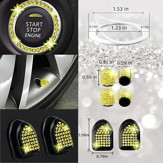 NBTEPEM 30 Pcs Yellow Bling Car Accessories Set for Women, Steering Wheel Cover Set, Bling Console Cover, Seat Belt Cushion, Shift Knob Cushion, Cup Holder Coaster, Rhinestone Car Hanging Accessories