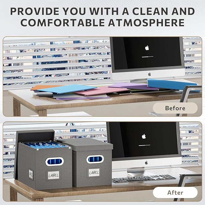 File Organizer Box with Lid - Set of 2 Portable Hanging File Box, Collapsible Linen Decorative Filing Storage Boxes for Offic