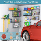 ThreeHio Garage Shelf Wall Mounted with Wire baskets, Heavy Duty Garage Wall Shelving with Garden Tool Rack and Hooks, Wire S