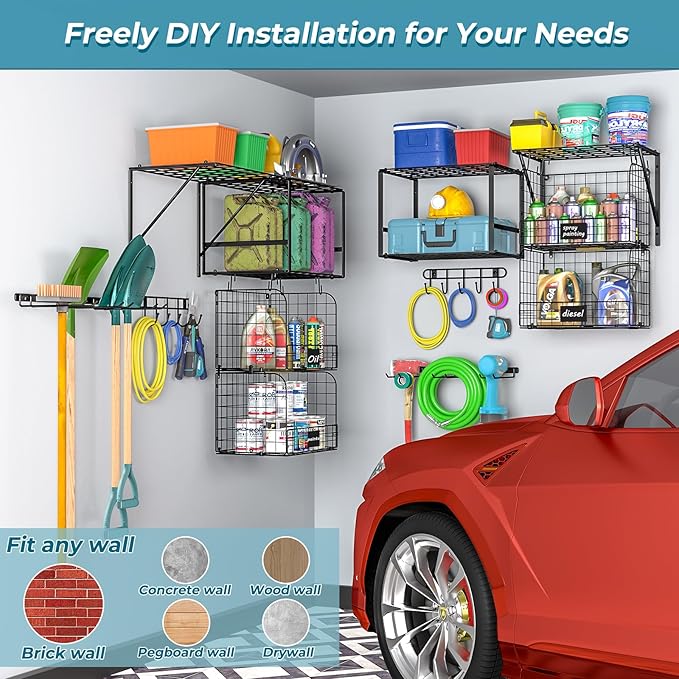 ThreeHio Garage Shelf Wall Mounted with Wire baskets, Heavy Duty Garage Wall Shelving with Garden Tool Rack and Hooks, Wire S