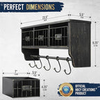BizChair Wall Mounted Storage Rack - Blackwashed Solid Pine Wood - 24 Inch - Upper Shelf - 5 Hooks - Wire Baskets - For Entry