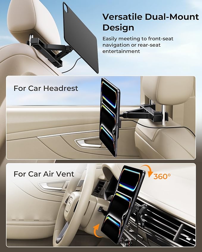 KUXIU Magnetic Wireless Charging Car Headrest Tablet Holder for iPad Pro 11'' M4 [2024]Only, Tablet Car Back Seat Mount for Kids, Road Trip Essentials Trave Holder with Air Vent Stand, 2M USB-C Cable