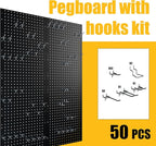 Spampur Peg Board, 8 Pack Metal Pegboard Panels with 50 Hooks, Black Pegboards Wall Organizer, Heavy Duty Peg Board for Walls