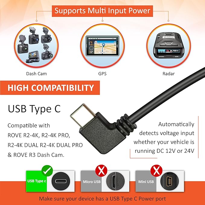ROVE Ultimate Dash Cam Hardwire Kit with USB-C Port for R2-4K, R2-4K PRO, R2-4K Dual, R2-4K Dual PRO, and R3 Dash Camera Mode