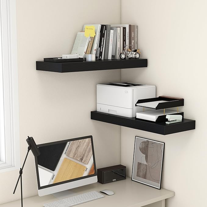 30 Inch Floating Shelves | 12 Inch Deep Black Floating Shelves Set of 2 | 30" W x 12" D Rustic Wood Shelves for Wall | Deep B