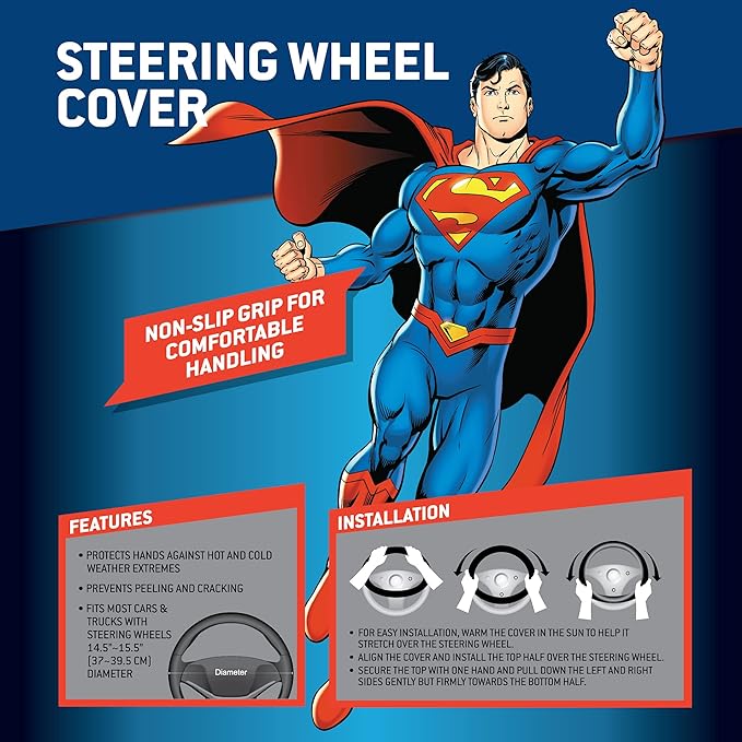 BDK Warner Bros DC Comics Superman Car Accessories Ergonomic Grip Steering Wheel Cover - Universal Size 14.5-15.5 in Diameter, Protects and Insulates for Car, Truck, Van, SUV