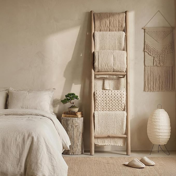 Wooden Blanket Ladder - 76in Natural Wood Color- Leaning Wall Decor for Bedroom, Bathroom, Living Room - Rustic Quilt Holder 