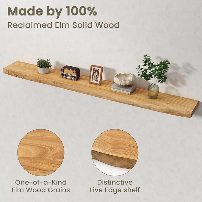 Fun Memories Floating Shelves for Wall Decor Set of 1-72 Inch Solid Elm Wood Live Edge - Rustic Natural Wall Shelves with Inv