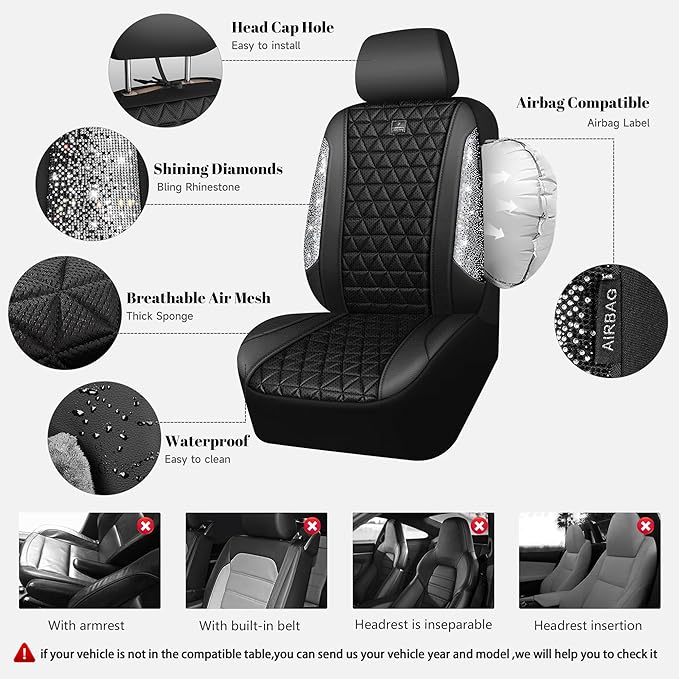 CAR PASS 3D Air Mesh Seat Covers for Cars, Bling Diamond Leather Foam Car Seat Covers for 2 Front Interior Sets, Automotive s